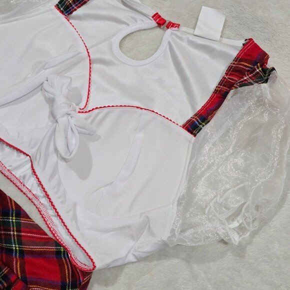 Party King ✦ Schoolgirl Costume Set ✦ Plaid Skirt White Crop Top Collar Hair Bow - Picture 8 of 13